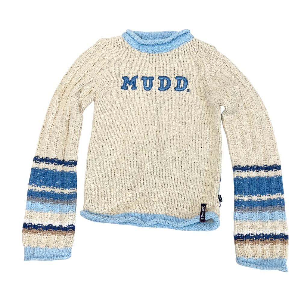 Vintage Mudd Y2K Chenille Sweater Blue Striped Metallic Shimmer Logo Girls Large